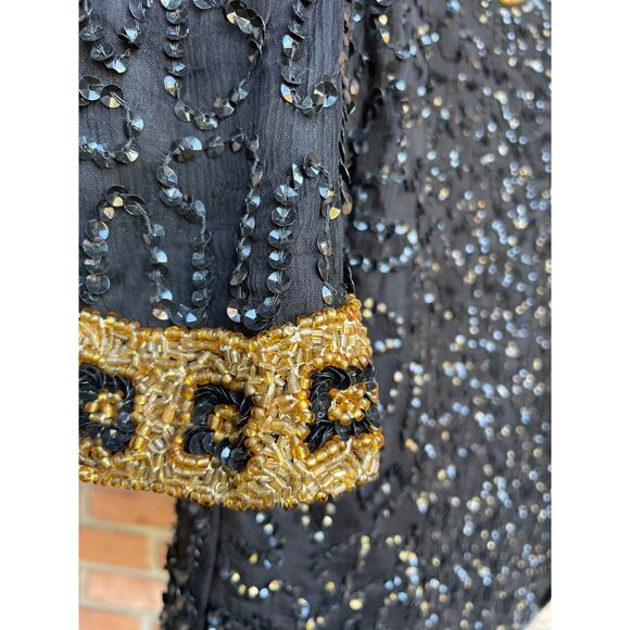 Vintage, Scala, 100% Silk Blouse, Fully Beaded & Sequins, Black, Petite Medium - Picture 5 of 8